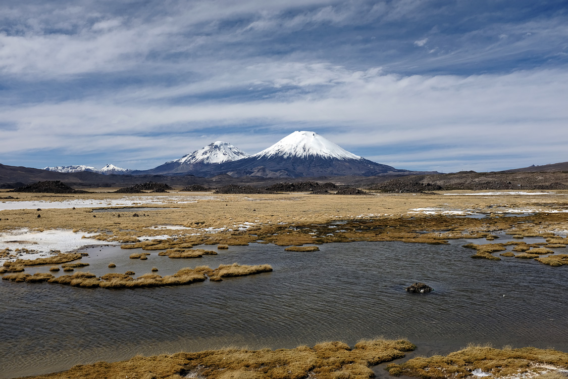 Parinacota and Pomerape volcanoes from the Road 11 (Parque Nacional Lauca)